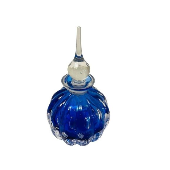 Perfume Bottle Crystal Clear Cobalt Blue Glass Fluted Perfume Bottle 5 1/2" - Picture 3 of 6